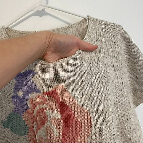 VINTAGE KORET Cream Beige Floral Short Dolman Sleeve Linen Cotton Sweater PETITE - Picture 6 of 11